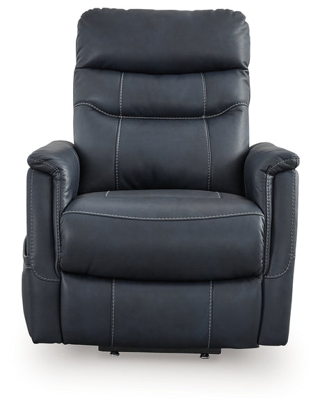 Reclined position of Strawbill Sapphire Faux Leather Power Lift Recliner
