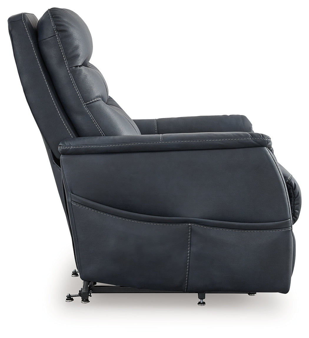 Side profile of Strawbill Sapphire Faux Leather Power Lift Recliner
