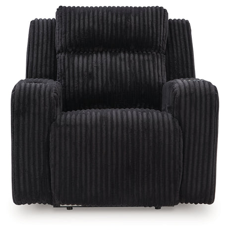 Front angle view of Forest Lake Black Chenille Velvet Power Recliner