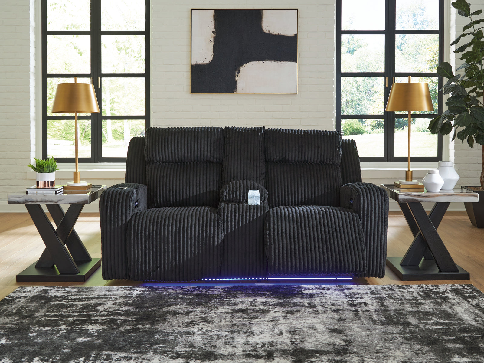 Forest Lake Black Chenille,Velvet Power Reclining Loveseat with Console