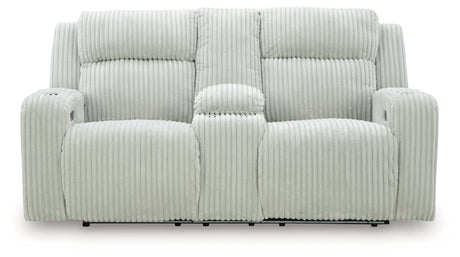 Close-up of adjustable power headrest on Forest Lake Loveseat