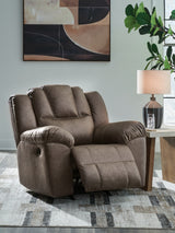 Lowilla Driftwood Faux Leather Recliner fully reclined view