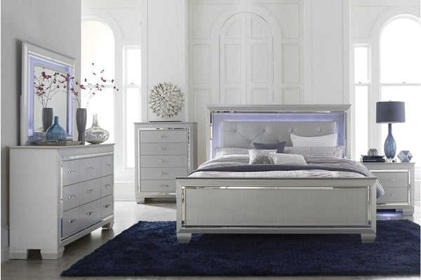Silver faux leather tufted LED panel bed front view