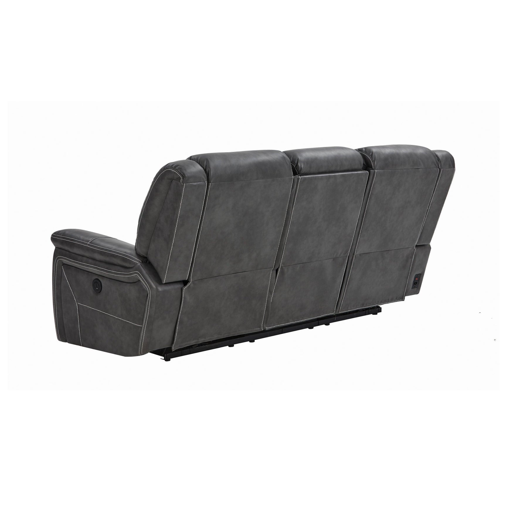 Side view of Conrad cool grey leatherette reclining sofa with padded armrest