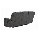 Grey upholstered motion sofa close-up detail