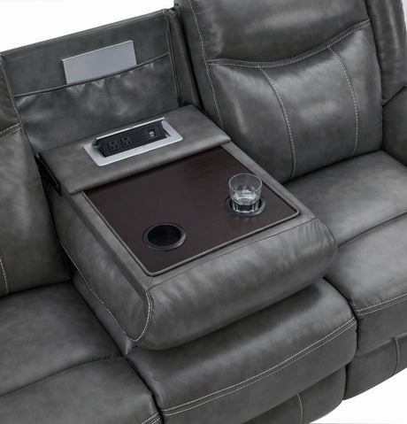 Recliner sofa in living room setting with Houston cityscape