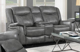 Close-up of cool grey breathable leatherette upholstery on Conrad motion sofa