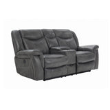 Closeup of padded armrest and leatherette upholstery on Conrad loveseat