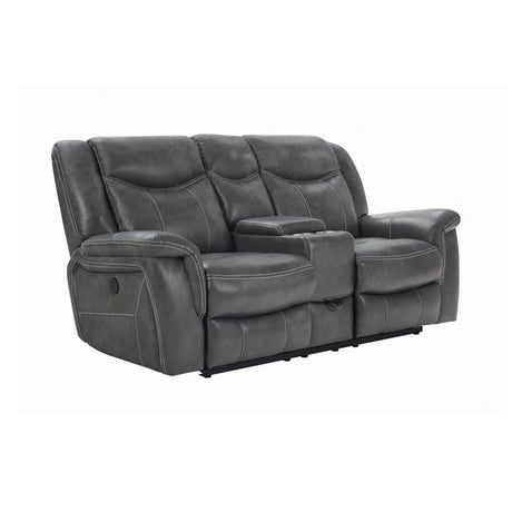 Closeup of padded armrest and leatherette upholstery on Conrad loveseat