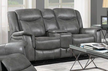 Conrad Upholstered Motion Loveseat in cool grey angled front view with console