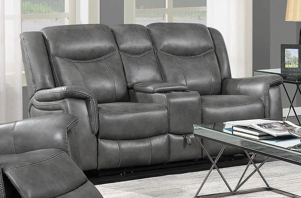 Conrad Upholstered Motion Loveseat in cool grey angled front view with console