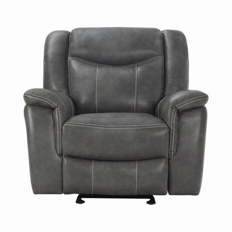 Conrad Grey Upholstered Motion Glider Recliner reclining position