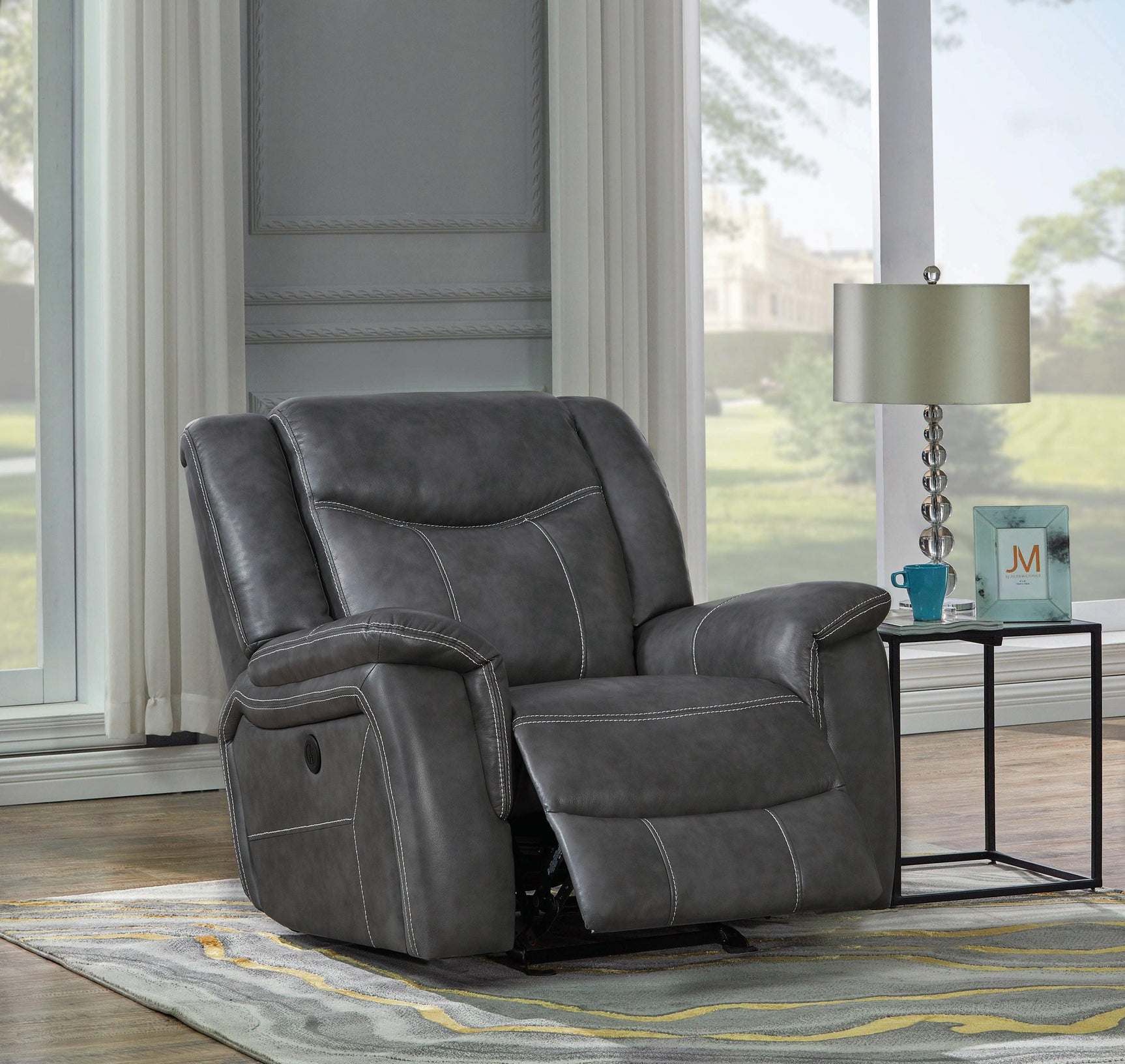Conrad Grey Upholstered Motion Glider Recliner side view