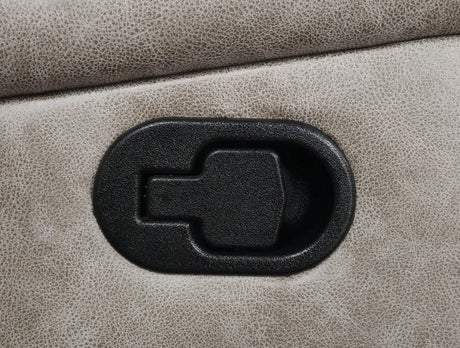 Close-up of loveseat arm and cup holder
