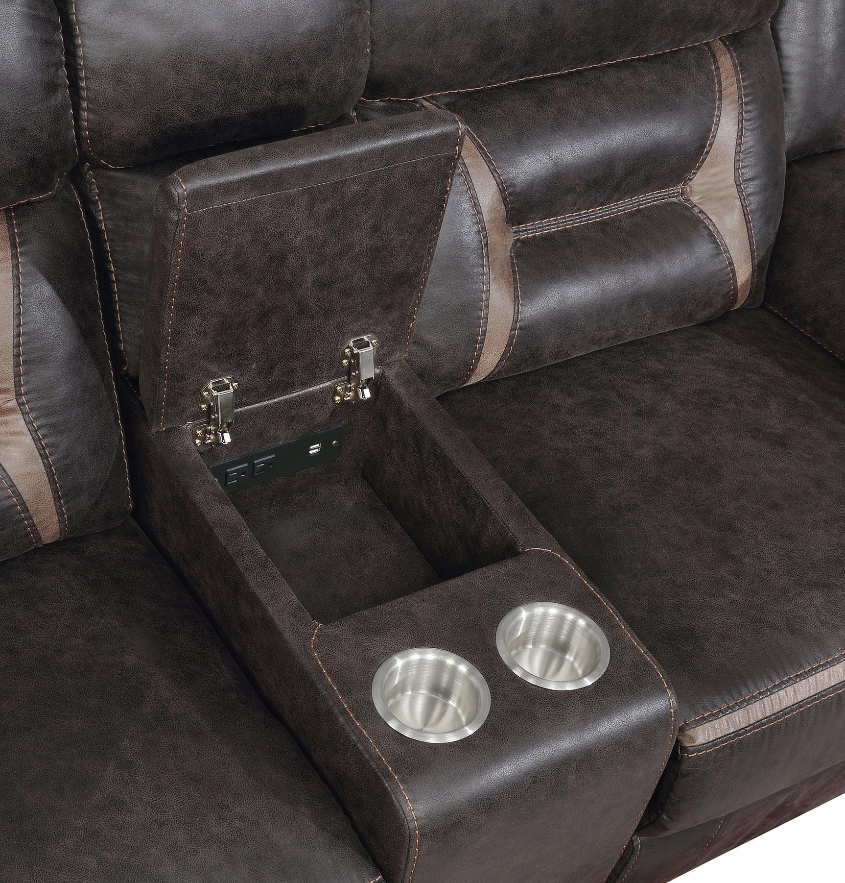 Full view of Greer cocoa brown upholstered motion sofa