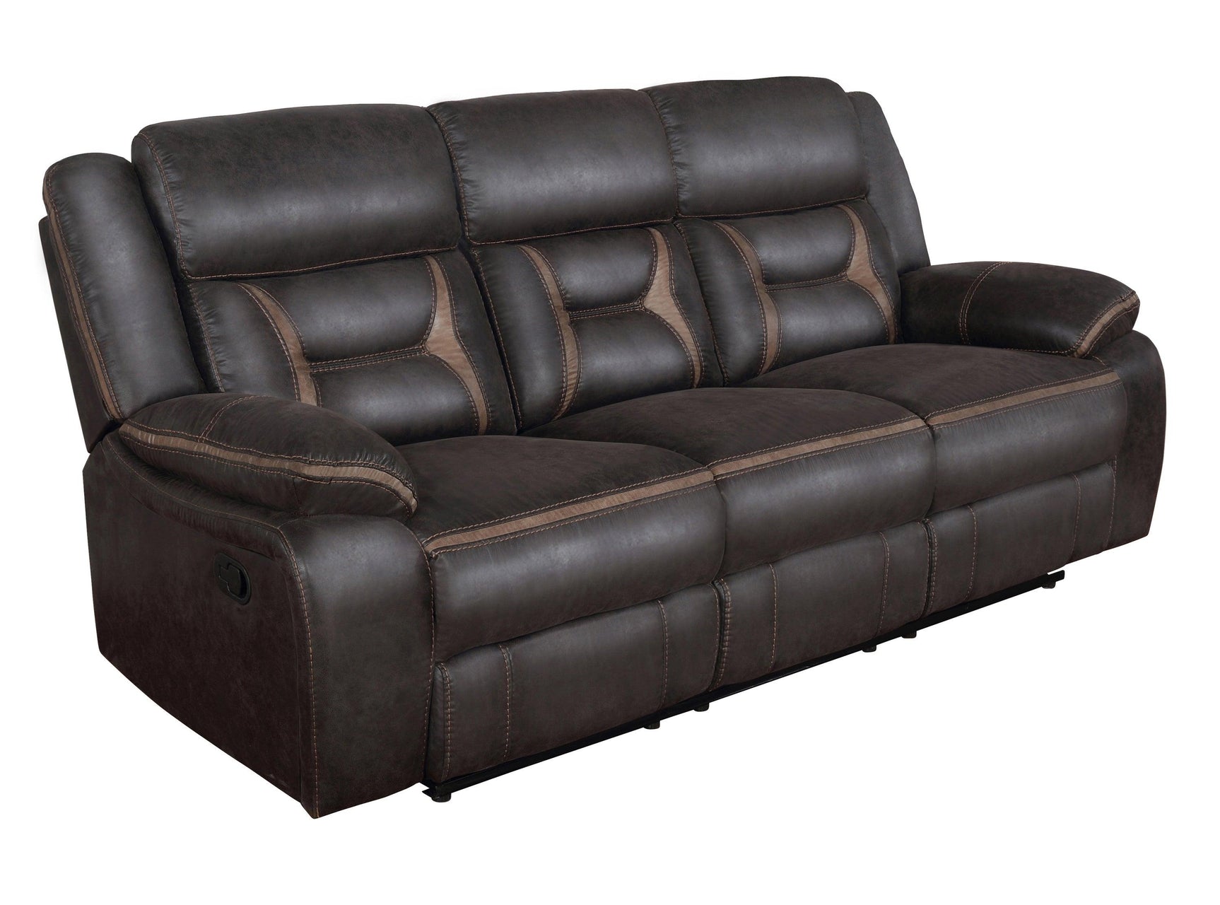 Warm brown fabric and padded armrest detail on Greer living room set