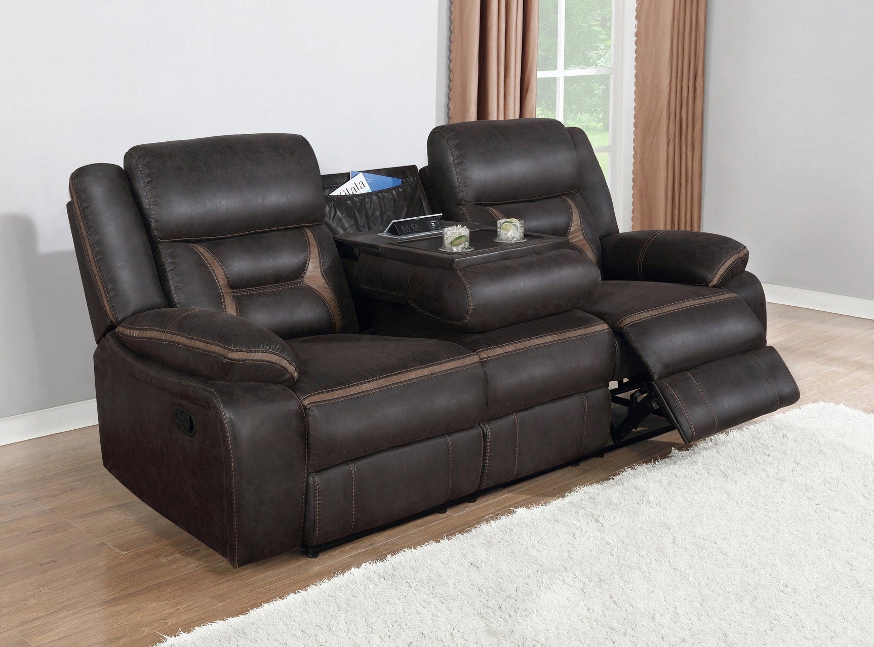 Close-up of tufted back on Greer motion sofa