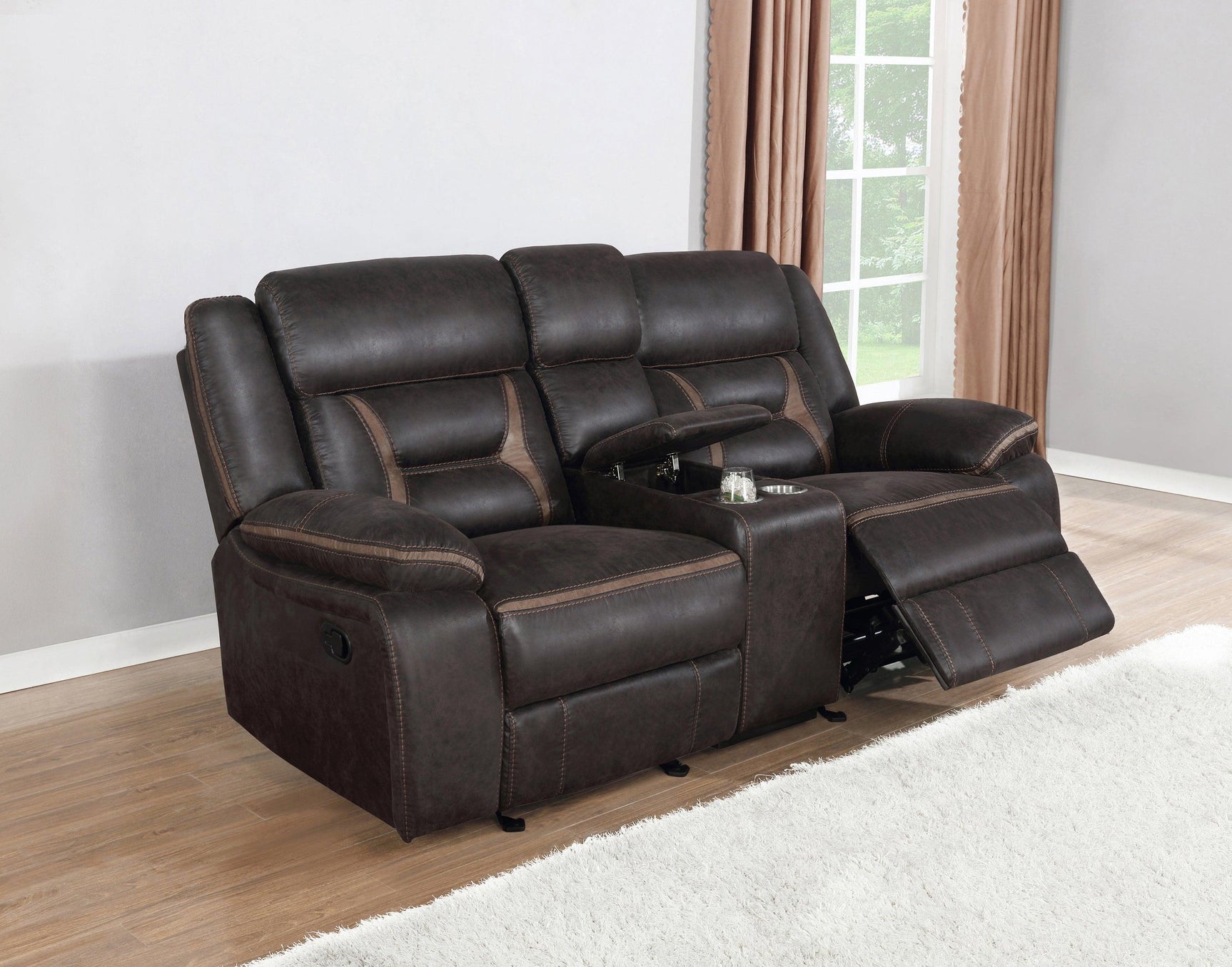 Greer Upholstered Loveseat side angle with console visible