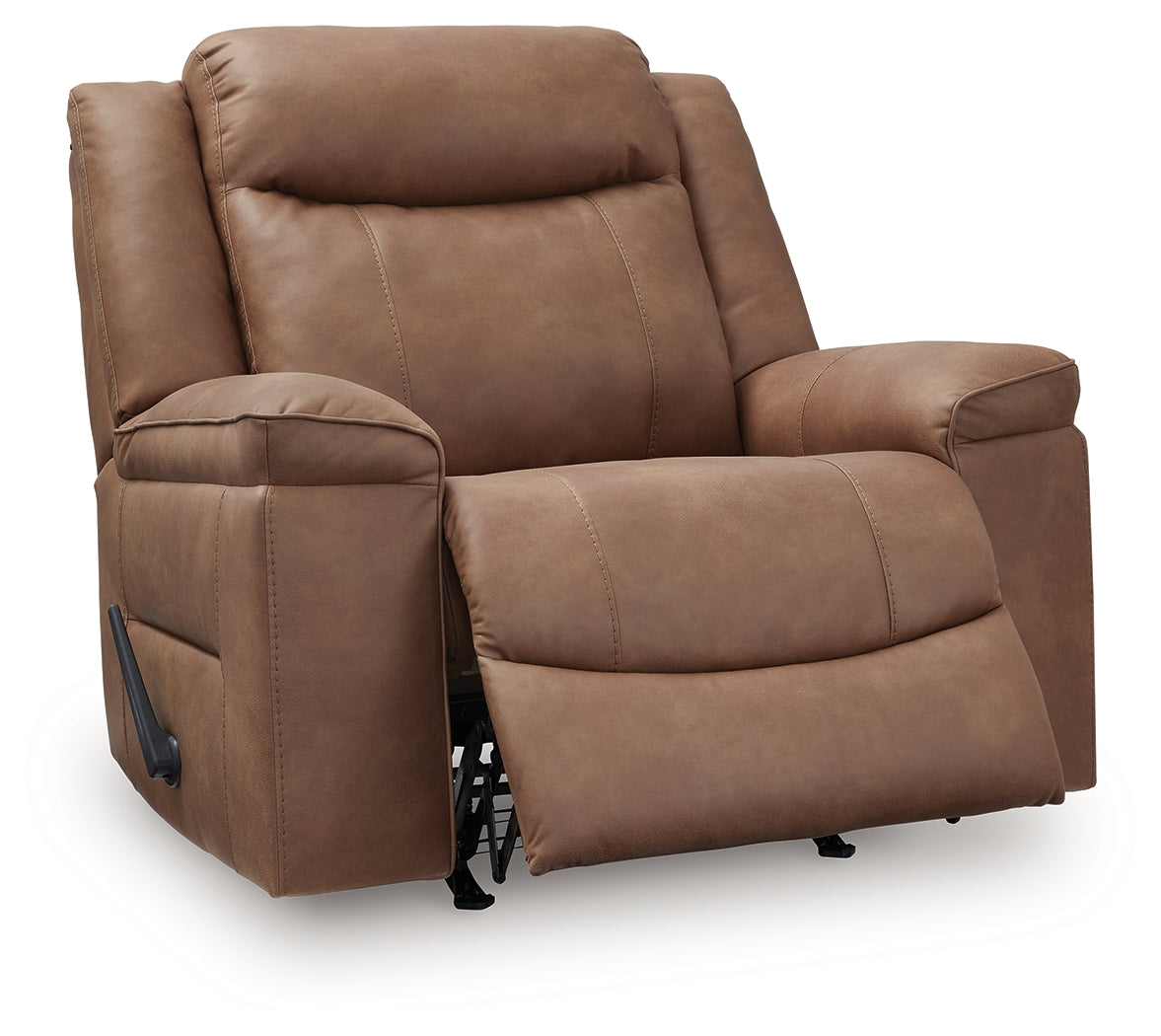 reclining position of the Status Check Caramel Faux Leather Recliner