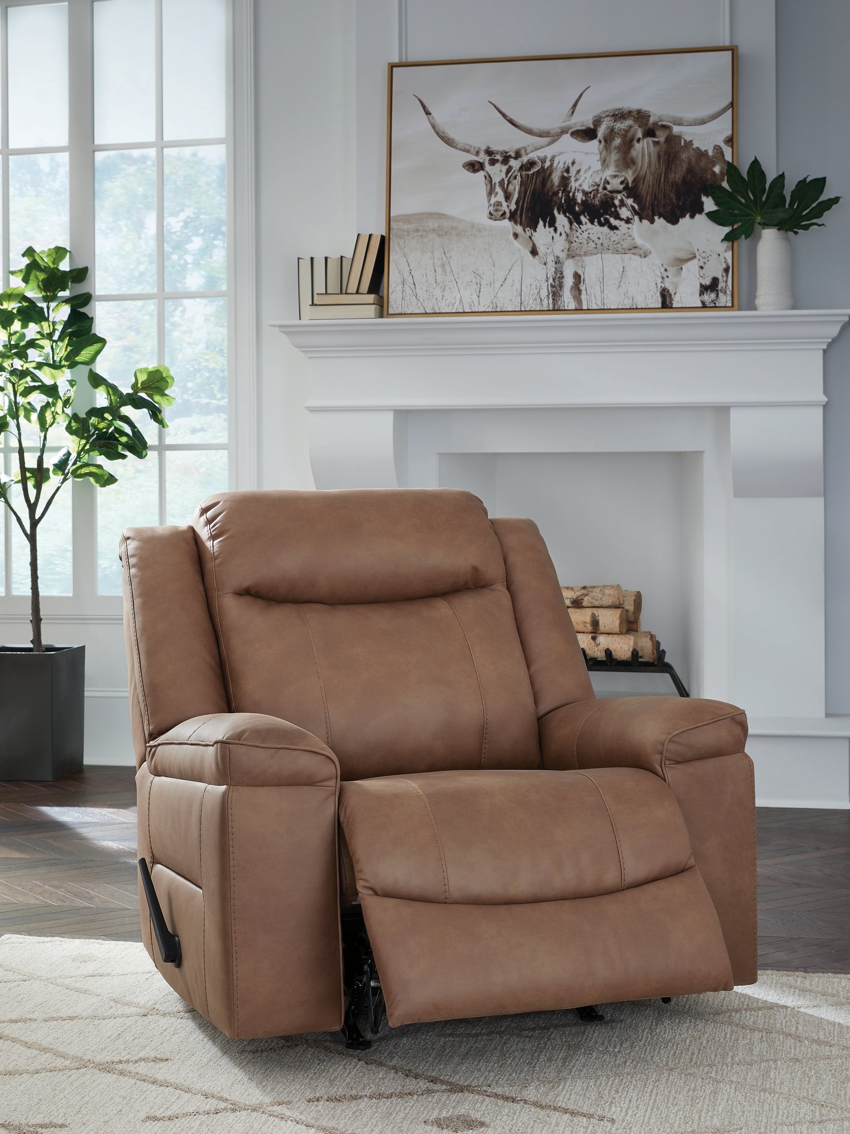 side view with footrest extended on Status Check Caramel Faux Leather Recliner