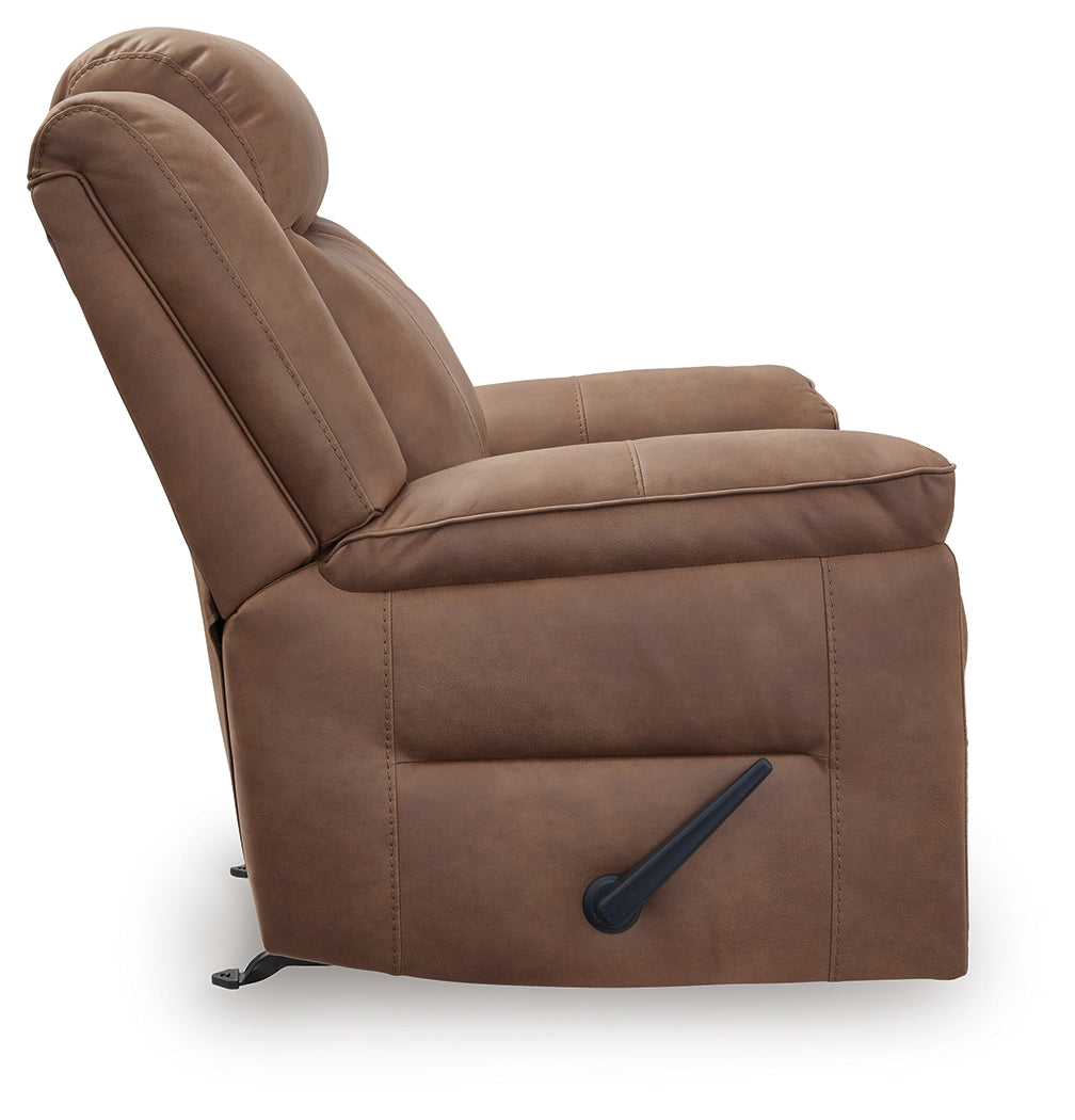 side profile of Status Check Caramel Faux Leather Recliner