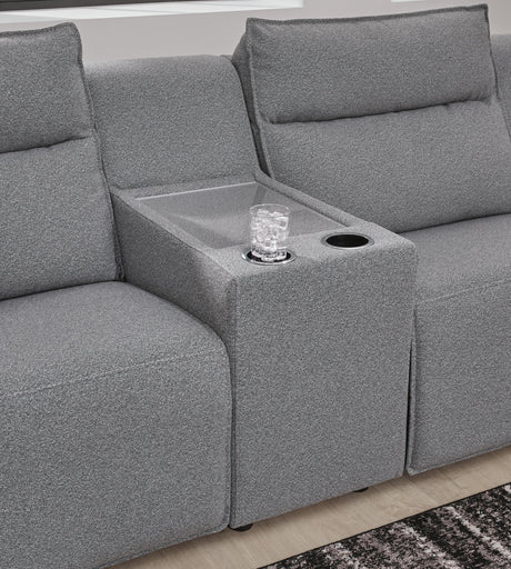 Console with plexiglass top detail on Modmax II sectional