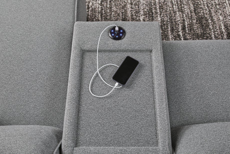 Audio console with built-in sound system and USB charging on Modmax II sectional