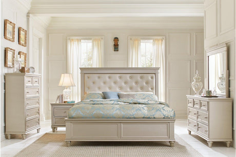 main view of Celandine Silver Faux Leather Tufted Panel Bedroom Set bed front