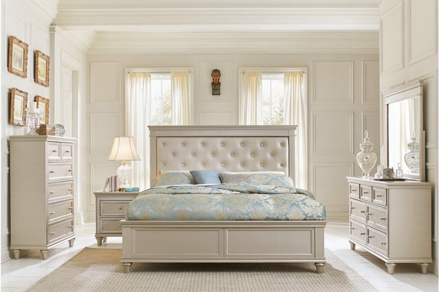 main view of Celandine Silver Faux Leather Tufted Panel Bedroom Set bed front