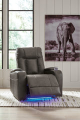 Open reclining view of Feazada Shadow Faux Leather Power Recliner