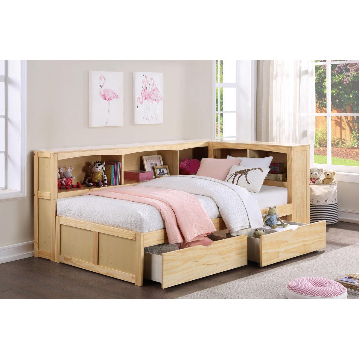 Bartly Natural Pine Transitional Engineered Wood Twin Bookcase Corner Bed With Storage Boxes - Ella Furniture