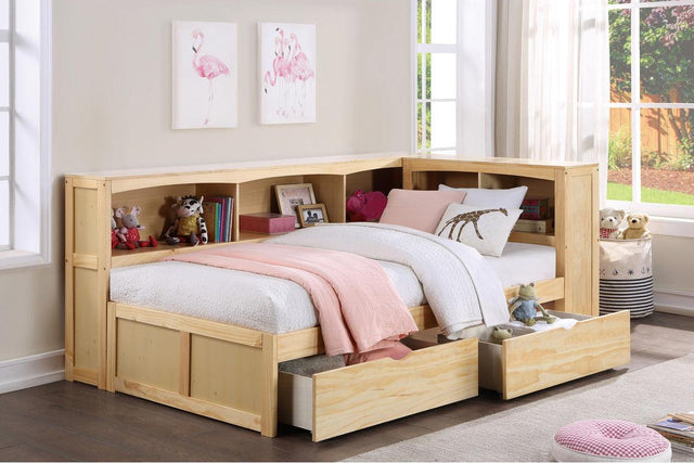 Close-up of Bartly Natural Pine wood finish on twin bookcase corner bed