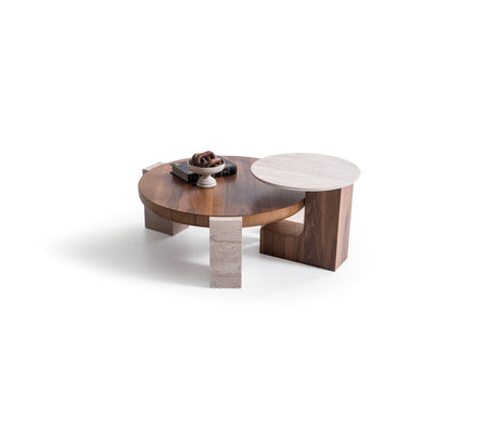 Jinna walnut and travertine coffee table front view