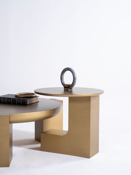 Detailing of gold patina on end table corner