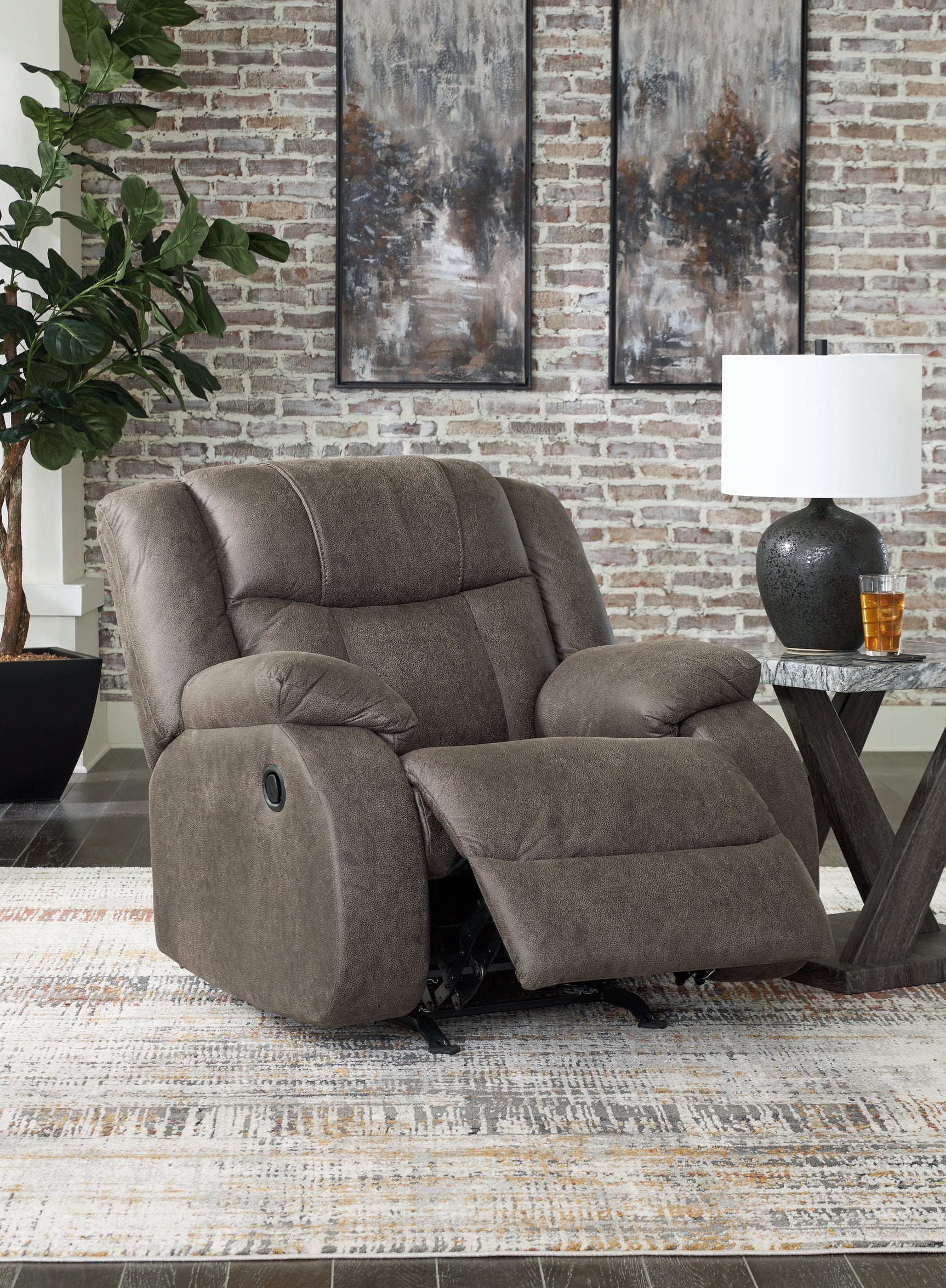 First Gunmetal Base Sofa, Loveseat and Recliner set front view