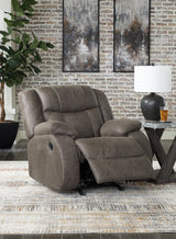 Side view with recliner open of First Base Gunmetal Faux Leather Recliner