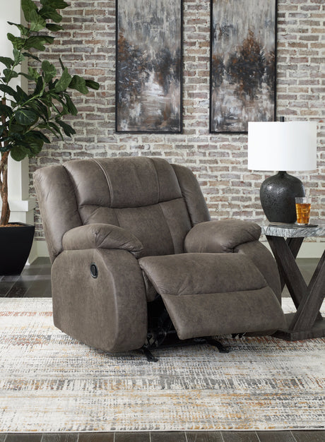 Side view with recliner open of First Base Gunmetal Faux Leather Recliner
