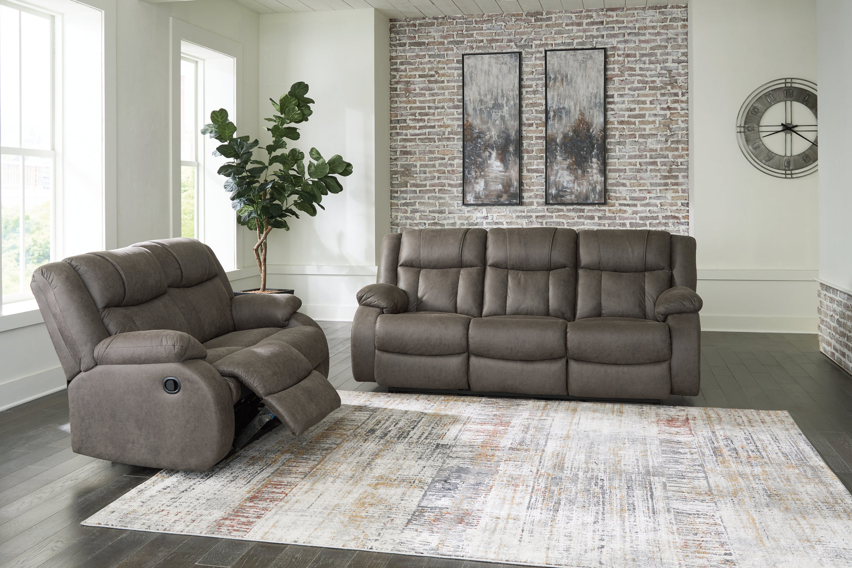 First Gunmetal Base Sofa, Loveseat and Recliner set front view