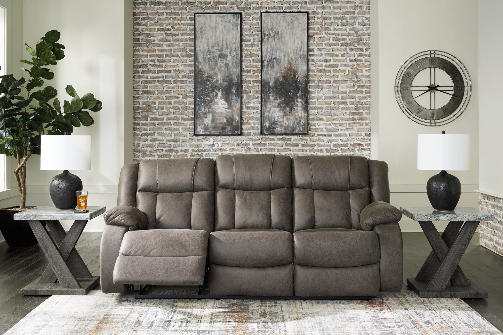 First Gunmetal Base Sofa, Loveseat and Recliner set front view