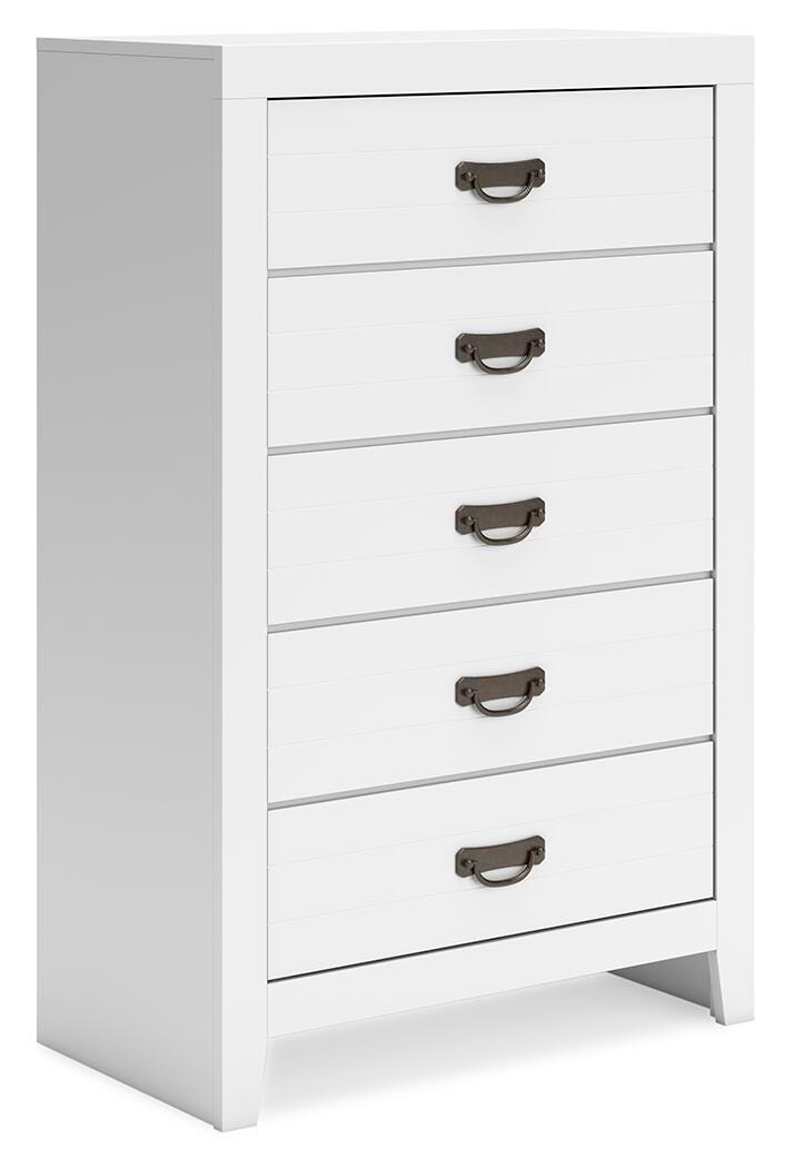 Binterglen White Chest of Drawers — angled view