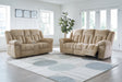 Side view of Tip-Off Wheat loveseat showing power recline feature