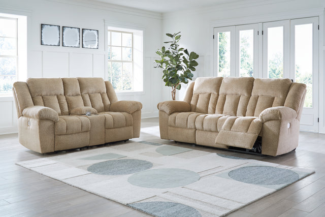 Side view of Tip-Off Wheat loveseat showing power recline feature