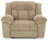 Side angle view of Tip-off Wheat Chenille Power Recliner