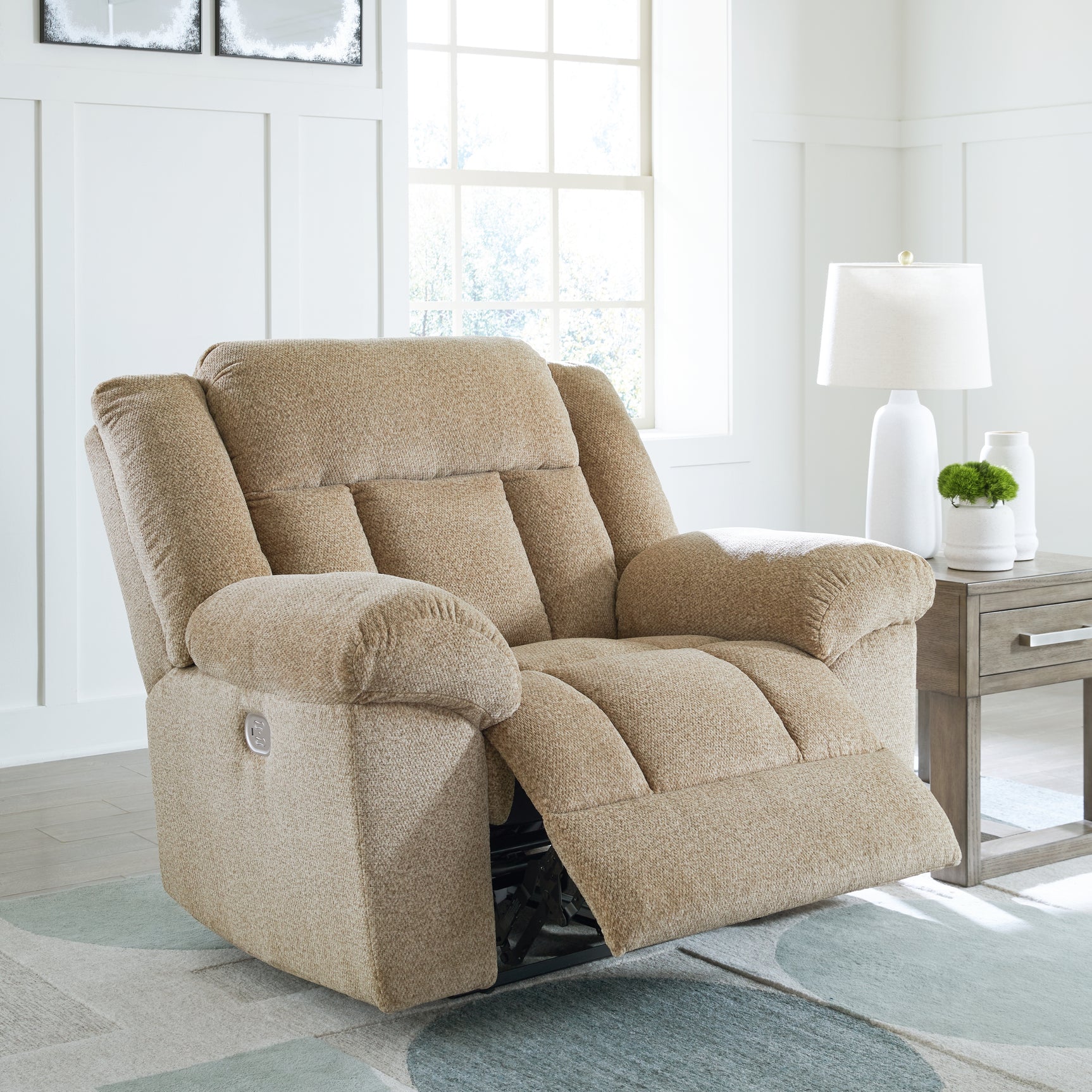 Fully reclined position of Tip-off Wheat Chenille Power Recliner