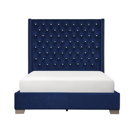 Jacklyn Blue Upholstered Tufted Queen Panel Bed angled view