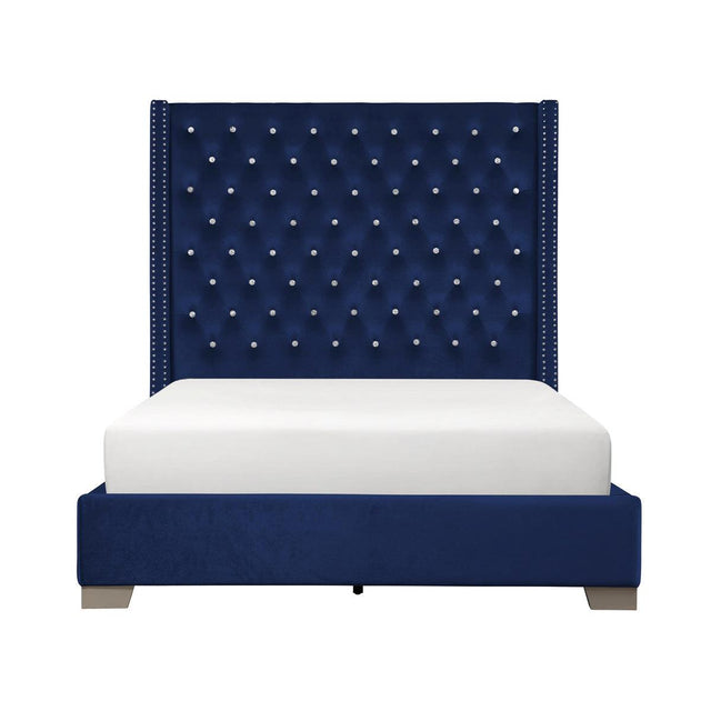 Jacklyn Blue Upholstered Tufted Queen Panel Bed angled view