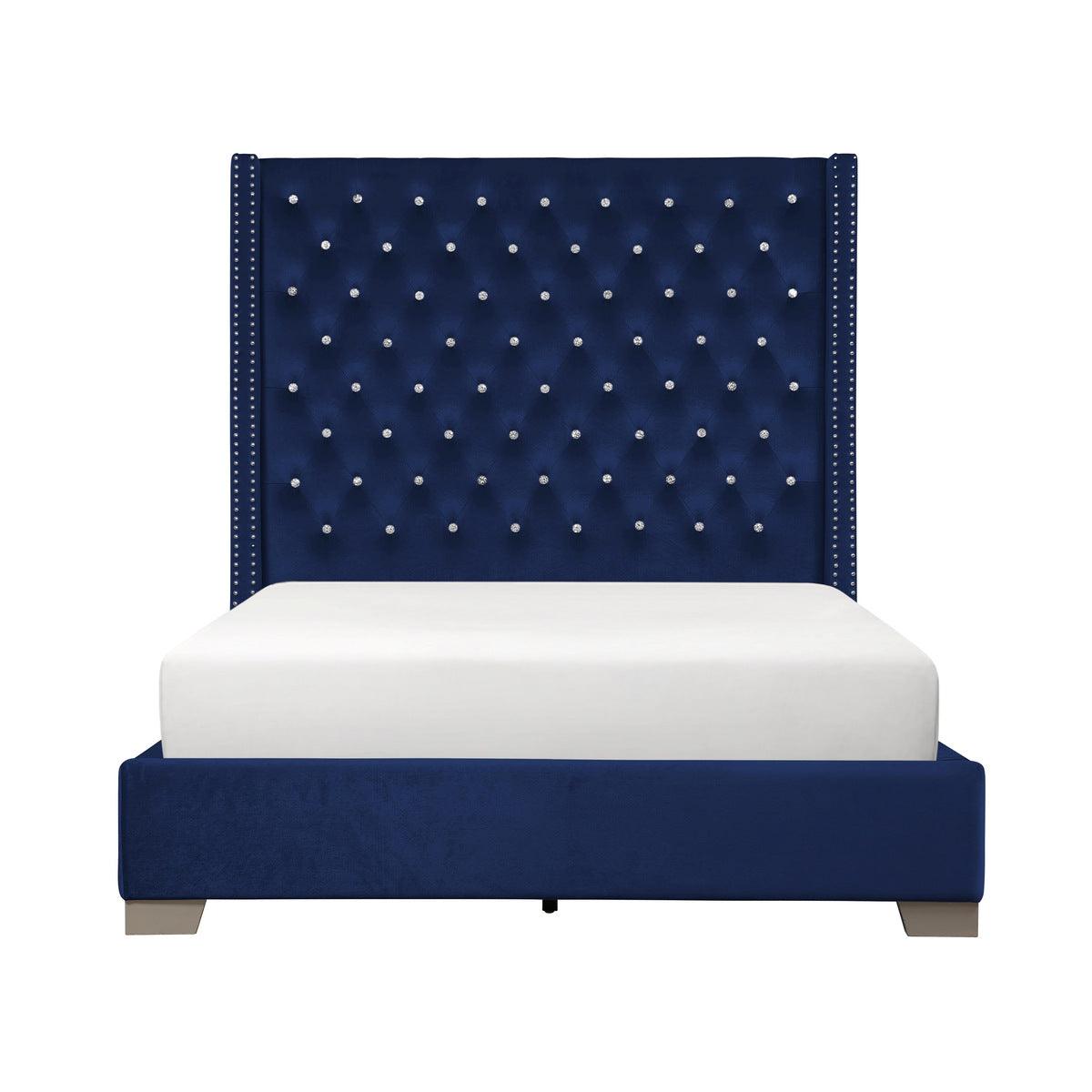 Jacklyn Blue Modern Contemporary Solid Wood Faux Leather Upholstered Tufted Queen Panel Bed - Ella Furniture