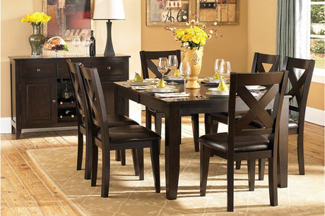 main view of Crown Point Brown Faux Leather Rectangular Dining Room Set dining table with chairs