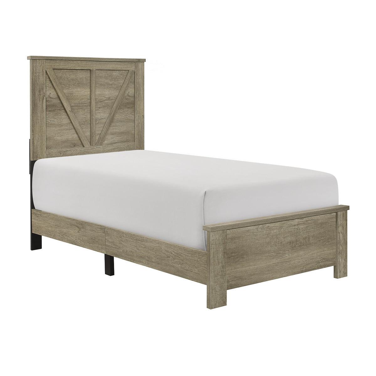 Side view of youth bedroom bed with panel headboard
