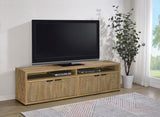 Close up of black handle bar on mango TV stand door